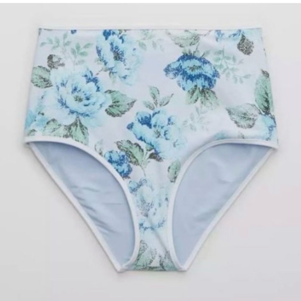 Aerie Blue Floral High Waisted Full Coverage Bikini Bottom Size Medium NWT